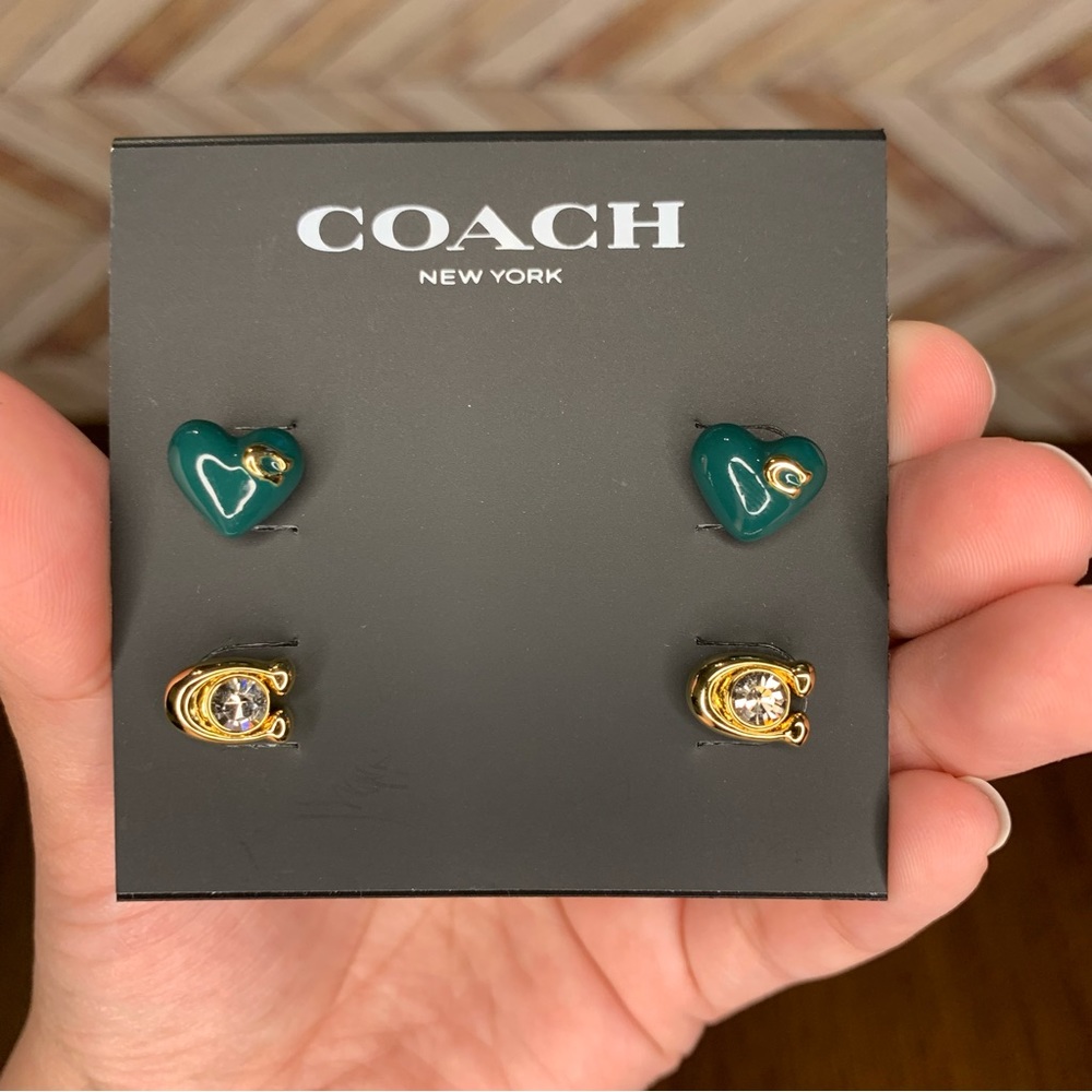 NWT Coach Green Enamel Heart And Signature Stud Earrings Set- 2 Pairs